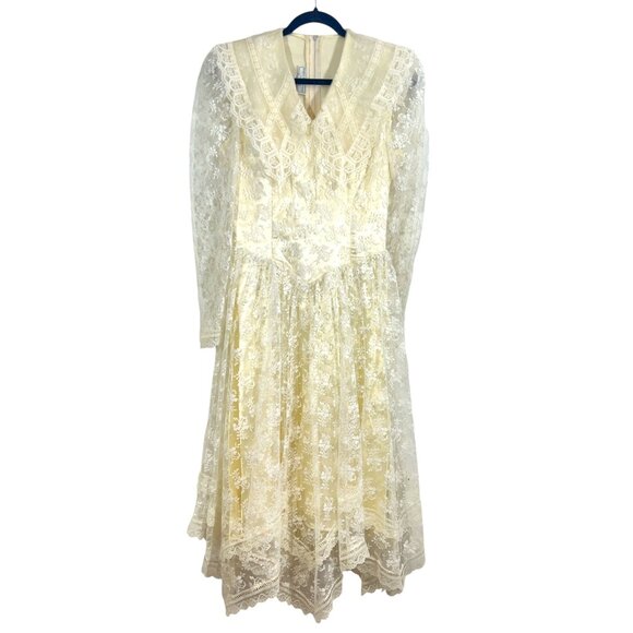 Vintage Gunne Sax Jessica McClintock Long Sleeve Lace Prairie Dress Ivory 7/8 - Picture 1 of 6